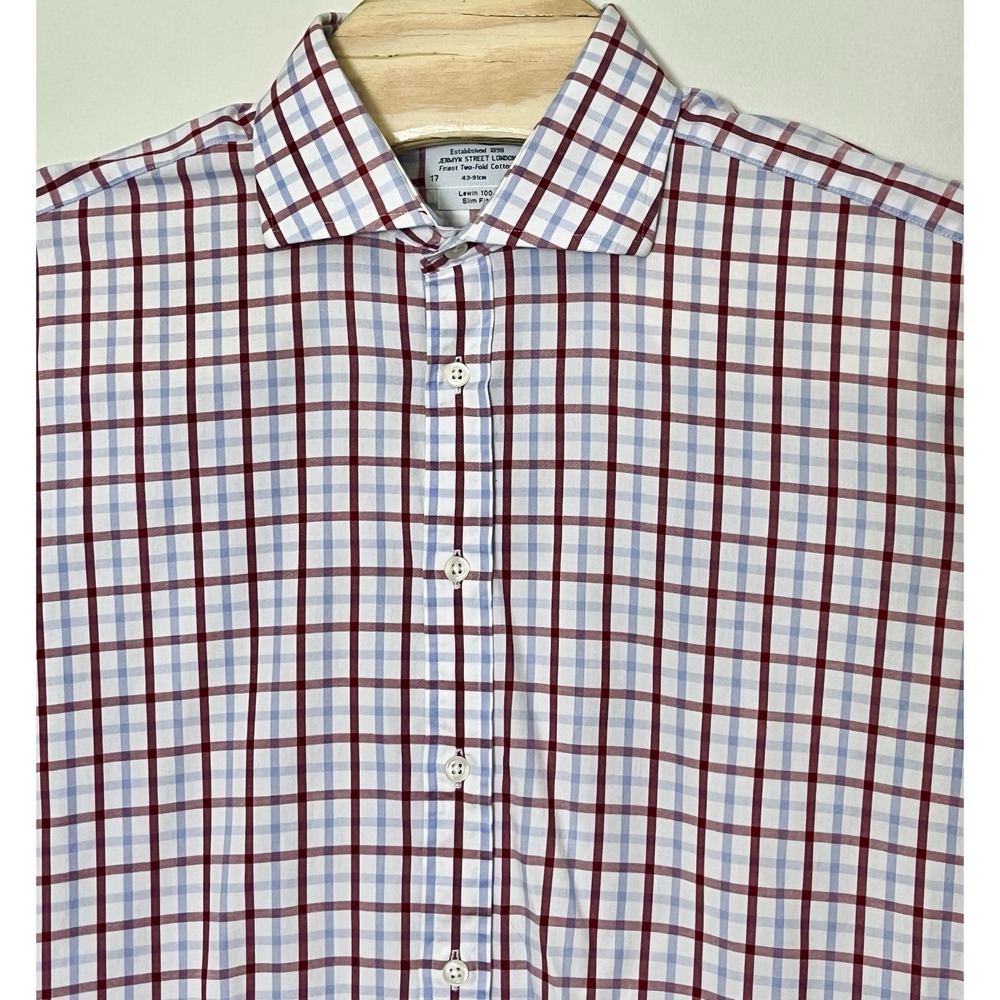 TM Lewin Dress Shirt Men's 17/36 Red White Blue Plaid Slim Fit French Cuff